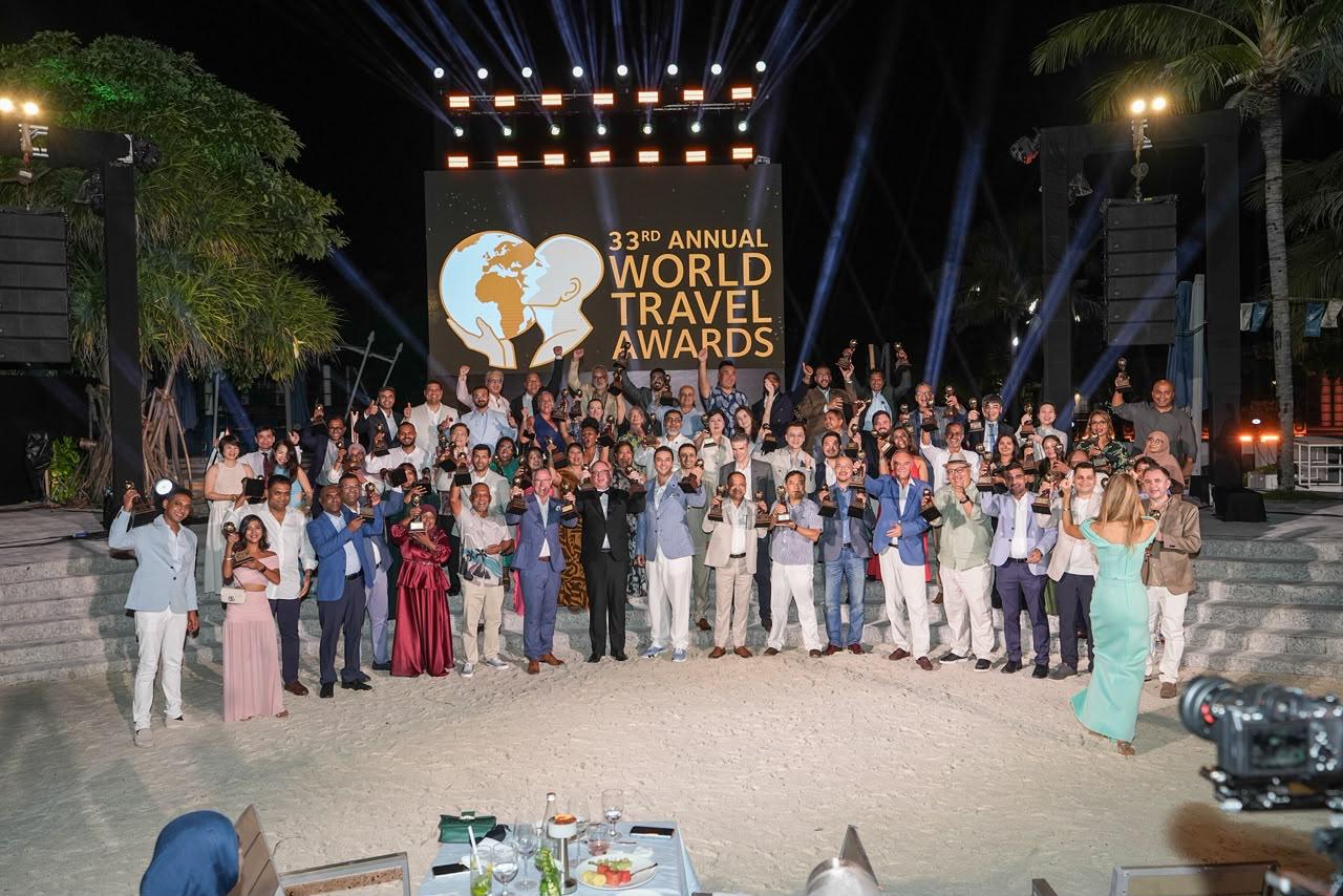 Winners gathered on stage at the World Travel Awards gala in the Maldives